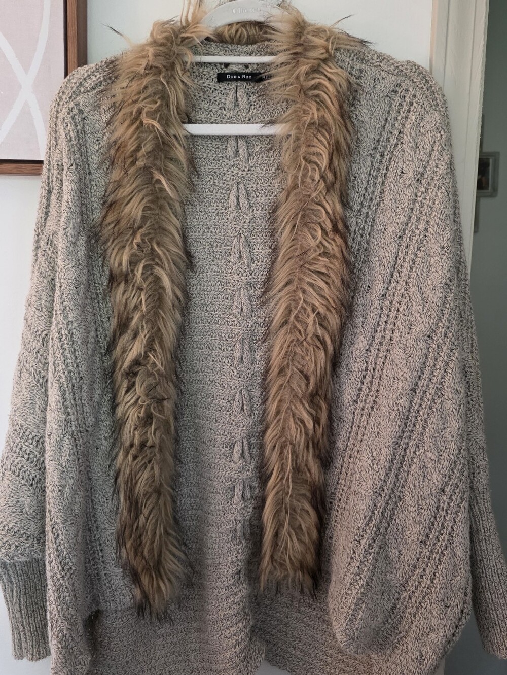 Cream Cable-Knit Sweater with Faux Fur Trim
